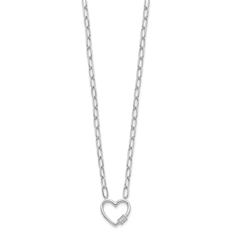 Sterling Silver Rhodium Plated CZ Heart Paperclip Link 16in w/2in Ext Necklace
