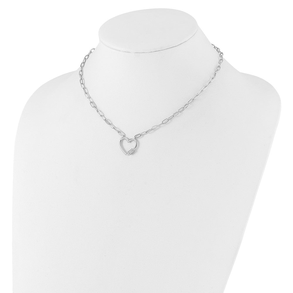 Sterling Silver Rhodium Plated CZ Heart Paperclip Link 16in w/2in Ext Necklace