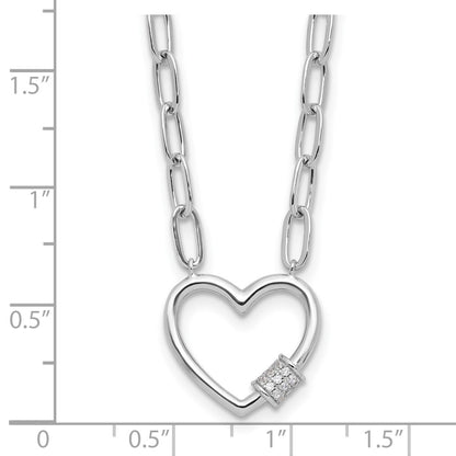 Sterling Silver Rhodium Plated CZ Heart Paperclip Link 16in w/2in Ext Necklace