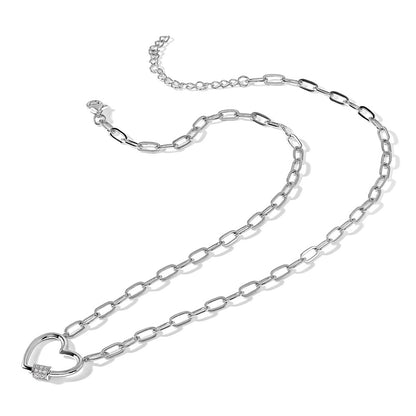 Sterling Silver Rhodium Plated CZ Heart Paperclip Link 16in w/2in Ext Necklace