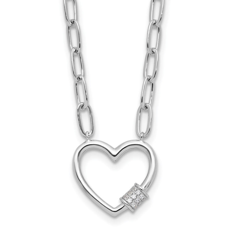 Sterling Silver Rhodium Plated CZ Heart Paperclip Link 16in w/2in Ext Necklace