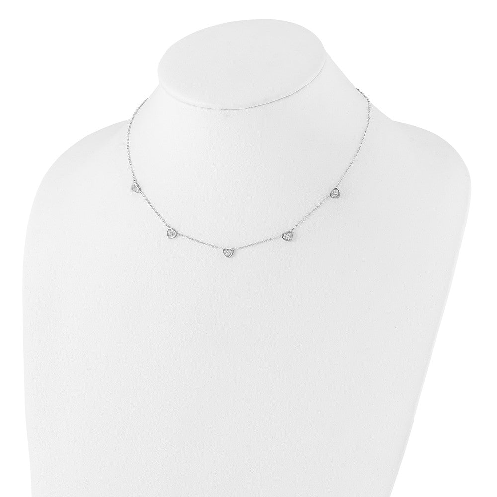 Sterling Silver Rhodium Plated W/micro Pave CZ Hearts 16in w/2in Ext Necklace