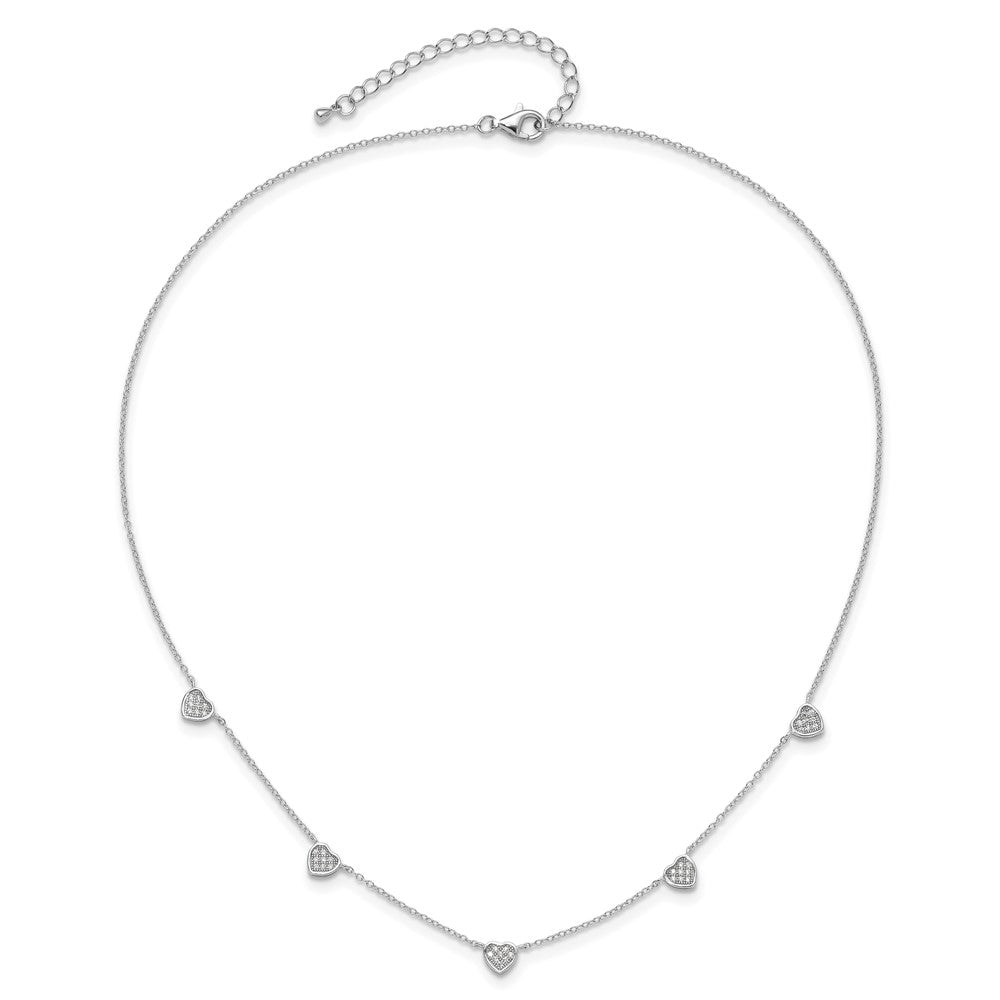 Sterling Silver Rhodium Plated W/micro Pave CZ Hearts 16in w/2in Ext Necklace