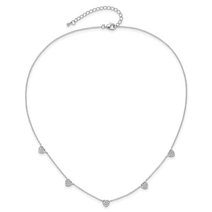 Sterling Silver Rhodium Plated W/micro Pave CZ Hearts 16in w/2in Ext Necklace