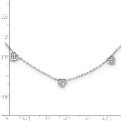 Sterling Silver Rhodium Plated W/micro Pave CZ Hearts 16in w/2in Ext Necklace
