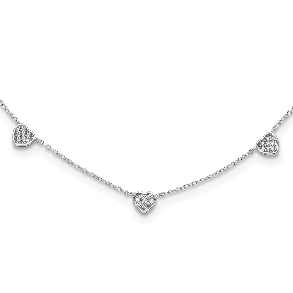 Sterling Silver Rhodium Plated W/micro Pave CZ Hearts 16in w/2in Ext Necklace