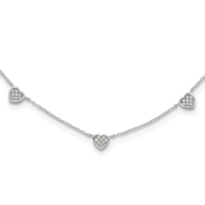 Sterling Silver Rhodium Plated W/micro Pave CZ Hearts 16in w/2in Ext Necklace