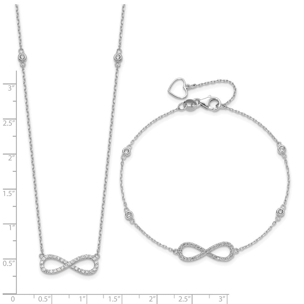 Sterling Silver Rh-Plate CZ Infinity Bracelet and Necklace Set