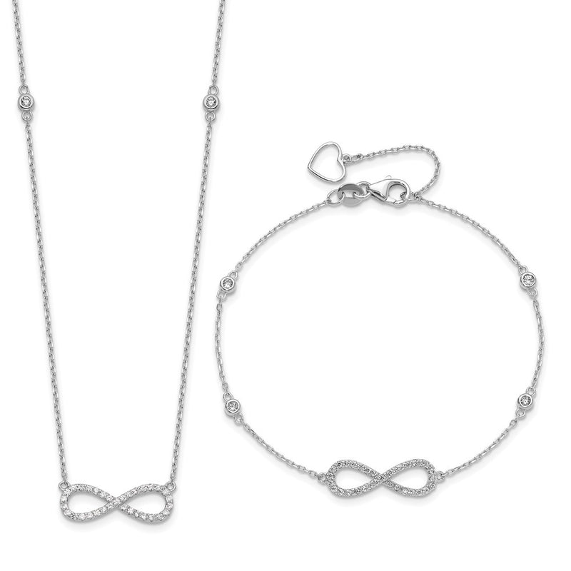 Sterling Silver Rh-Plate CZ Infinity Bracelet and Necklace Set