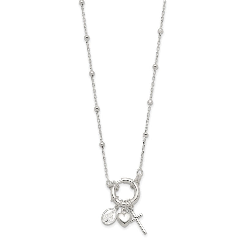 Sterling Silver Heart/miraculous Medal/cross Charm 18in Necklace