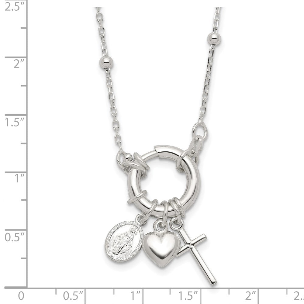 Sterling Silver Heart/miraculous Medal/cross Charm 18in Necklace