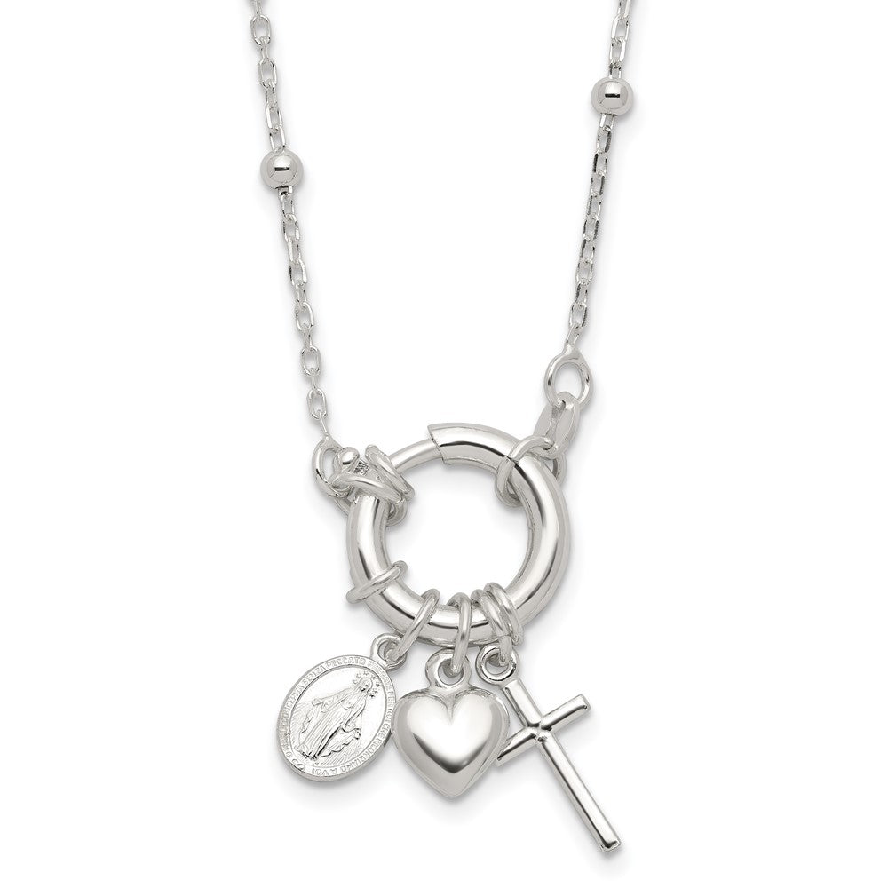 Sterling Silver Heart/miraculous Medal/cross Charm 18in Necklace