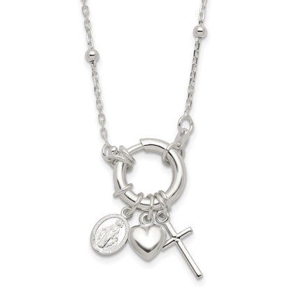 Sterling Silver Heart/miraculous Medal/cross Charm 18in Necklace