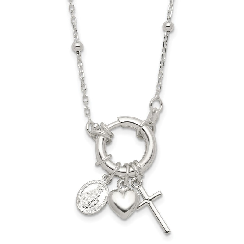 Sterling Silver Heart/miraculous Medal/cross Charm 18in Necklace