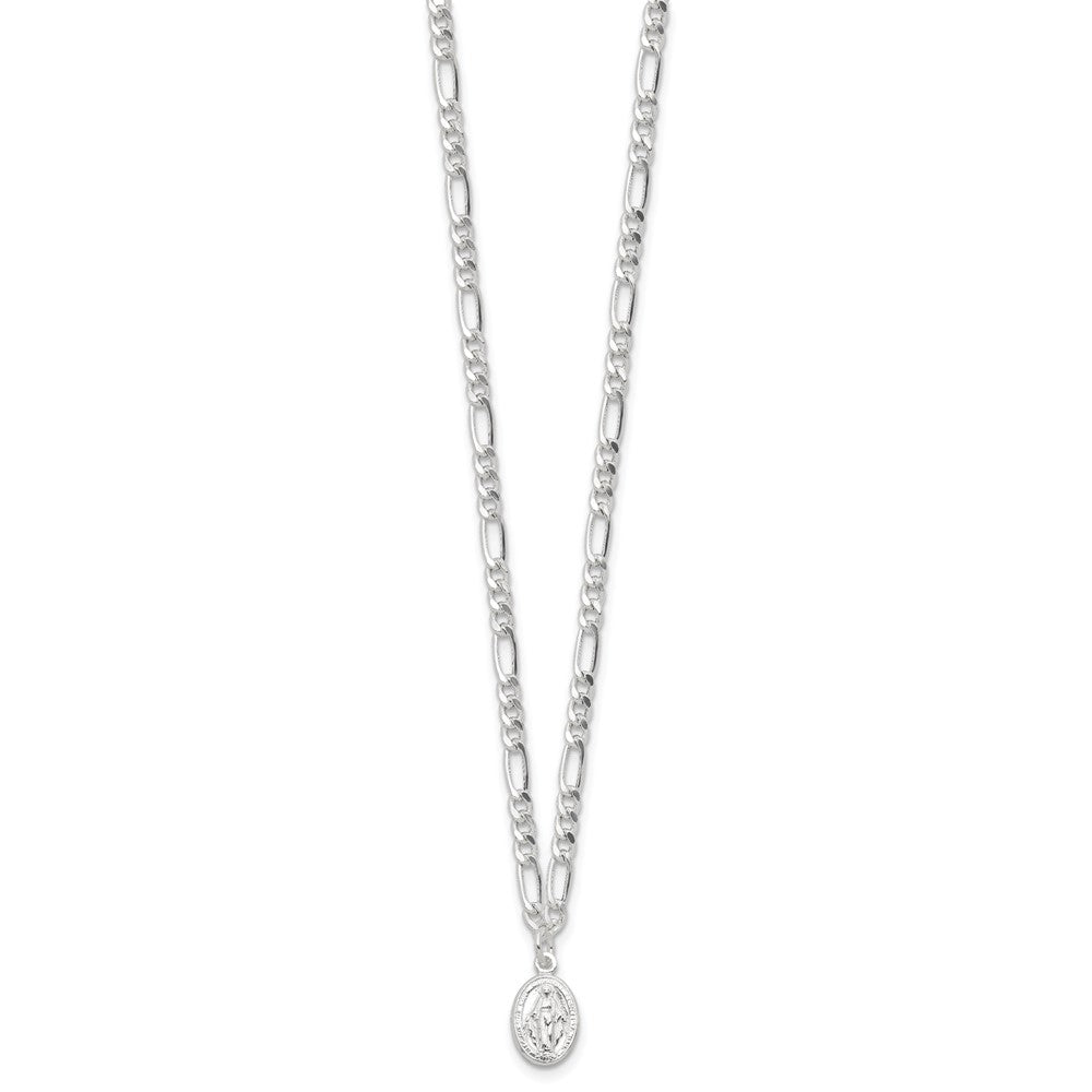 Sterling Silver Rhodium Plated Miraculous Medal Link 16in w/2in Ext. Necklace
