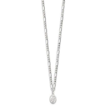 Sterling Silver Rhodium Plated Miraculous Medal Link 16in w/2in Ext. Necklace