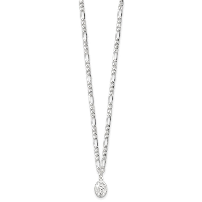 Sterling Silver Rhodium Plated Miraculous Medal Link 16in w/2in Ext. Necklace