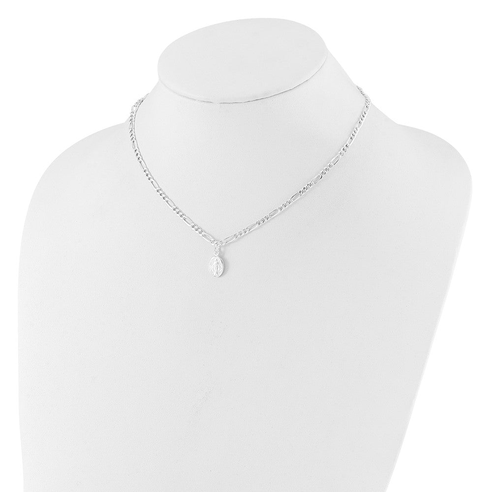 Sterling Silver Rhodium Plated Miraculous Medal Link 16in w/2in Ext. Necklace