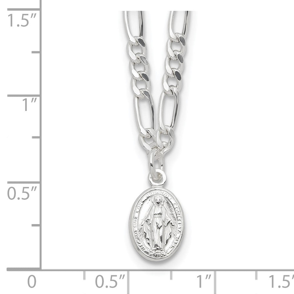 Sterling Silver Rhodium Plated Miraculous Medal Link 16in w/2in Ext. Necklace