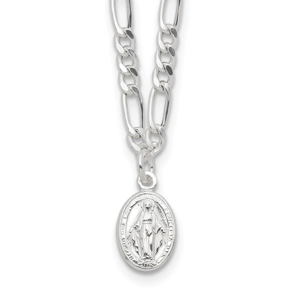 Sterling Silver Rhodium Plated Miraculous Medal Link 16in w/2in Ext. Necklace