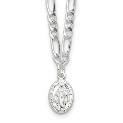 Sterling Silver Rhodium Plated Miraculous Medal Link 16in w/2in Ext. Necklace