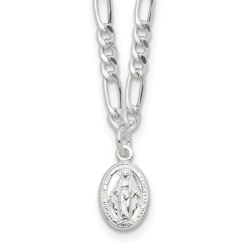 Sterling Silver Rhodium Plated Miraculous Medal Link 16in w/2in Ext. Necklace