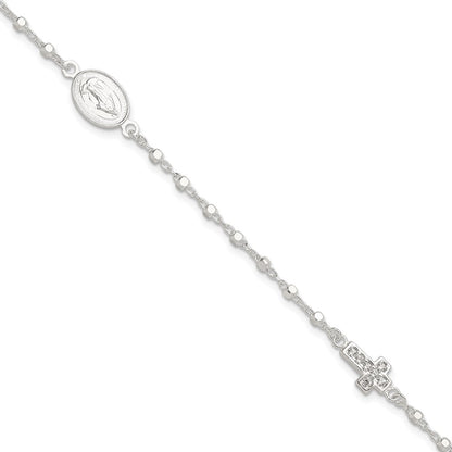 Sterling Silver Polished with CZ Cross and Miraculous Medal 7.5in Bracelet