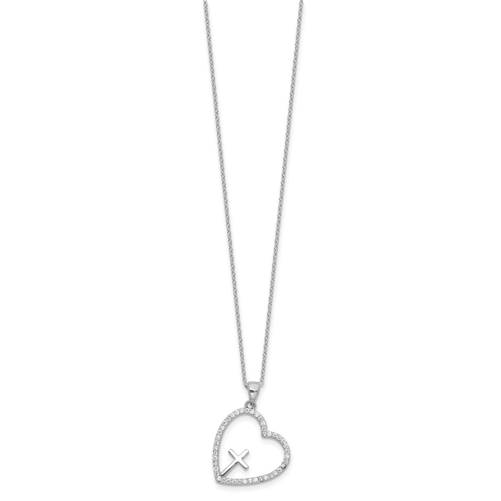 Sterling Silver Rhodium-Plated CZ Open Heart with Cross 18in Necklace