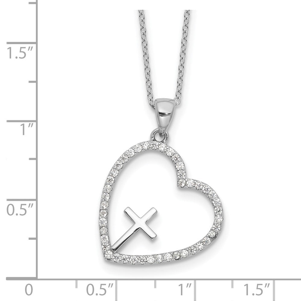 Sterling Silver Rhodium-Plated CZ Open Heart with Cross 18in Necklace