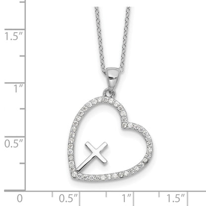 Sterling Silver Rhodium-Plated CZ Open Heart with Cross 18in Necklace