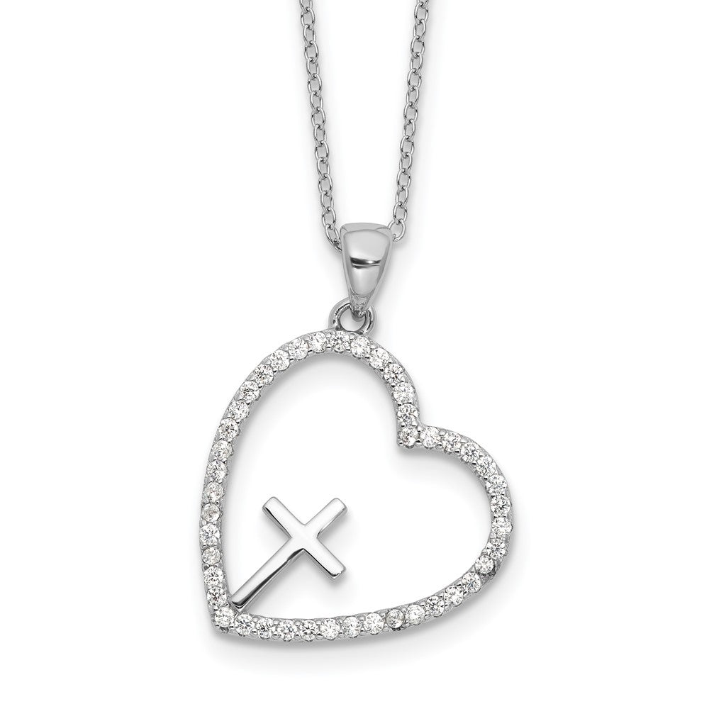 Sterling Silver Rhodium-Plated CZ Open Heart with Cross 18in Necklace