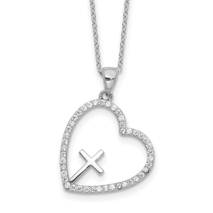 Sterling Silver Rhodium-Plated CZ Open Heart with Cross 18in Necklace