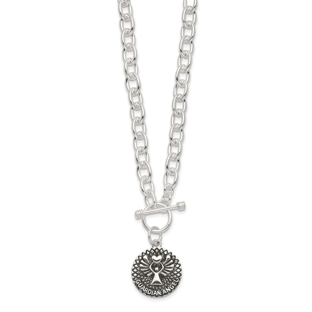 Sterling Silver Oxidized Dangle Guardian Angel Toggle Clasp Necklace