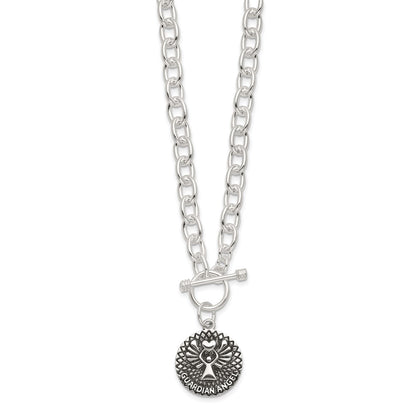 Sterling Silver Oxidized Dangle Guardian Angel Toggle Clasp Necklace