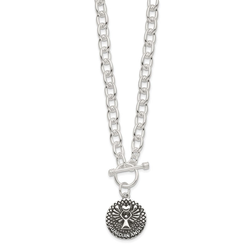 Sterling Silver Oxidized Dangle Guardian Angel Toggle Clasp Necklace