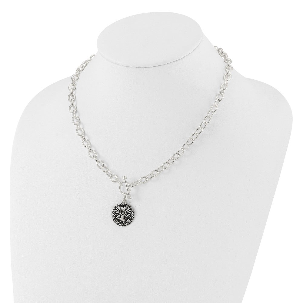 Sterling Silver Oxidized Dangle Guardian Angel Toggle Clasp Necklace