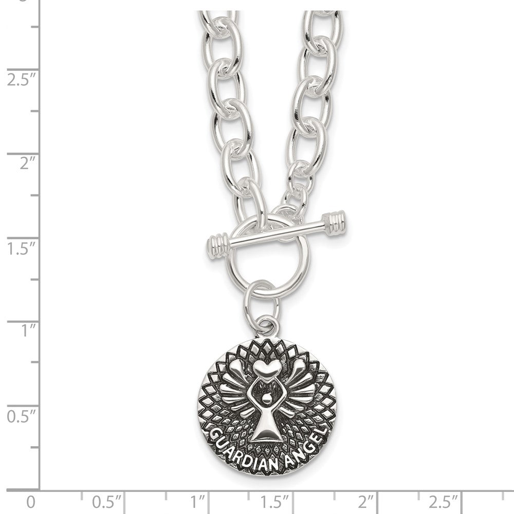 Sterling Silver Oxidized Dangle Guardian Angel Toggle Clasp Necklace