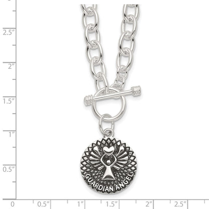 Sterling Silver Oxidized Dangle Guardian Angel Toggle Clasp Necklace