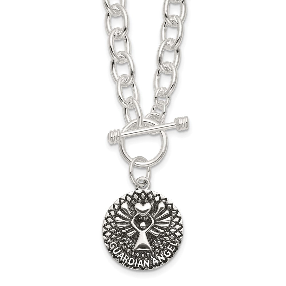 Sterling Silver Oxidized Dangle Guardian Angel Toggle Clasp Necklace
