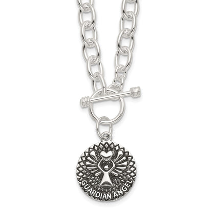 Sterling Silver Oxidized Dangle Guardian Angel Toggle Clasp Necklace