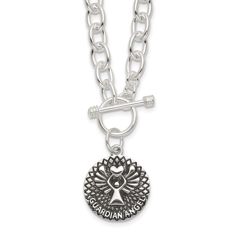 Sterling Silver Oxidized Dangle Guardian Angel Toggle Clasp Necklace