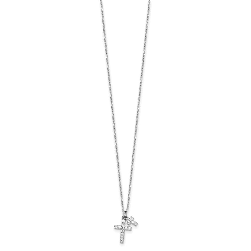 Sterling Silver Rhodium-Plated CZ Crosses 16in w/2in Ext. Necklace