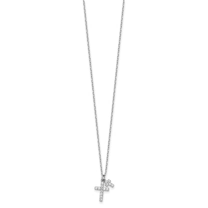 Sterling Silver Rhodium-Plated CZ Crosses 16in w/2in Ext. Necklace
