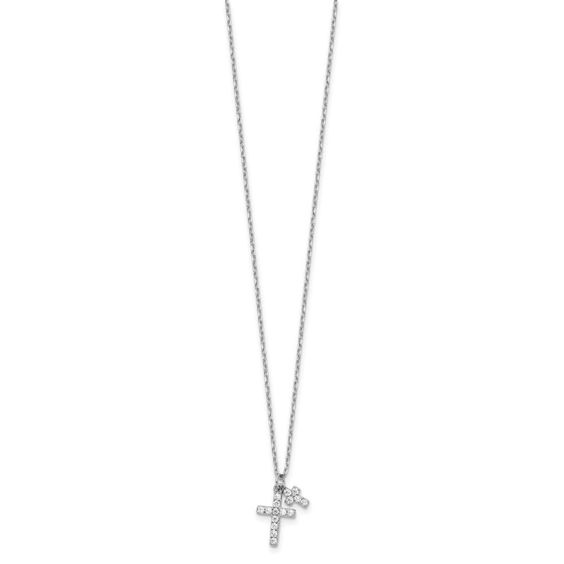 Sterling Silver Rhodium-Plated CZ Crosses 16in w/2in Ext. Necklace