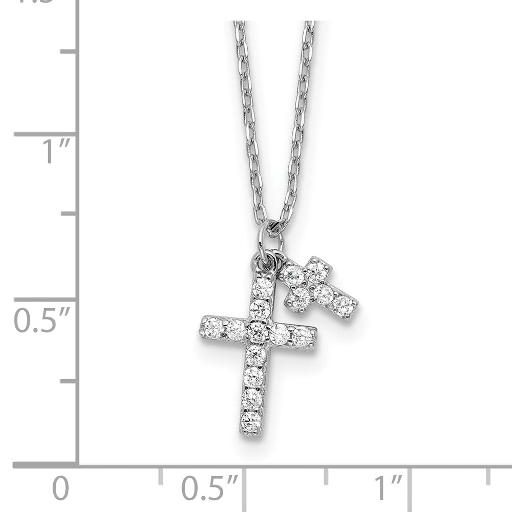 Sterling Silver Rhodium-Plated CZ Crosses 16in w/2in Ext. Necklace