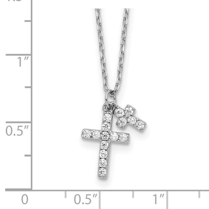 Sterling Silver Rhodium-Plated CZ Crosses 16in w/2in Ext. Necklace