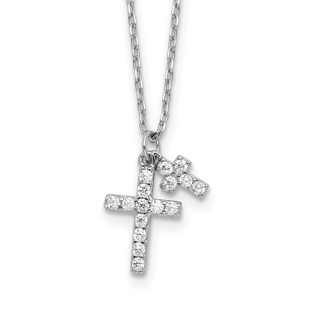 Sterling Silver Rhodium-Plated CZ Crosses 16in w/2in Ext. Necklace