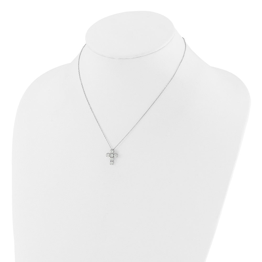 Sterling Silver Rhodium-Plated CZ Cross 16in w/2in Ext Necklace