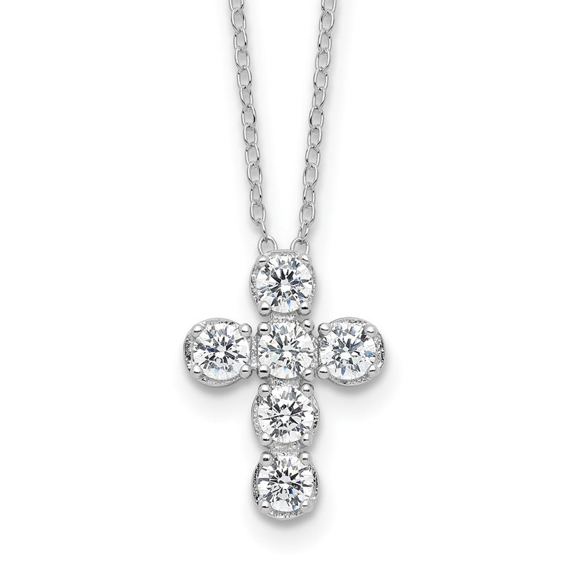Sterling Silver Rhodium-Plated CZ Cross 16in w/2in Ext Necklace