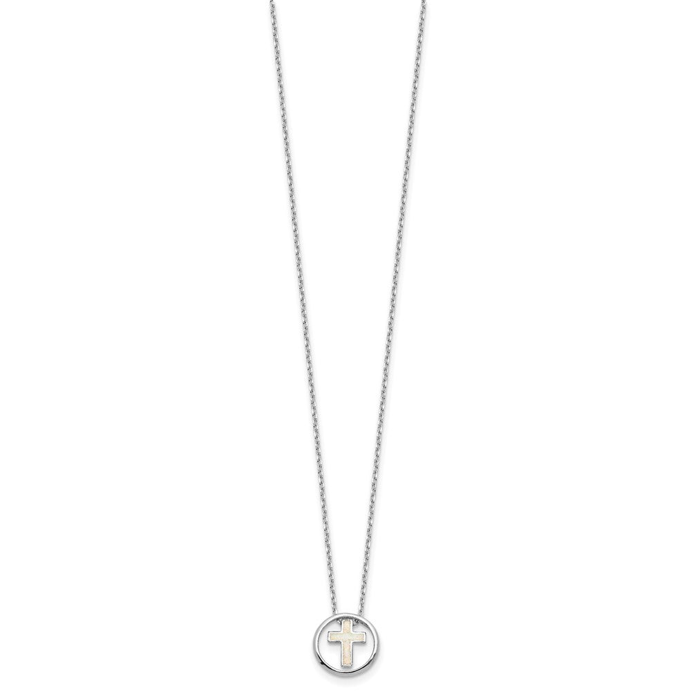 Sterling Silver Rhodium Plated Created Opal Inlay Cross 16in w/2in Ext Necklace